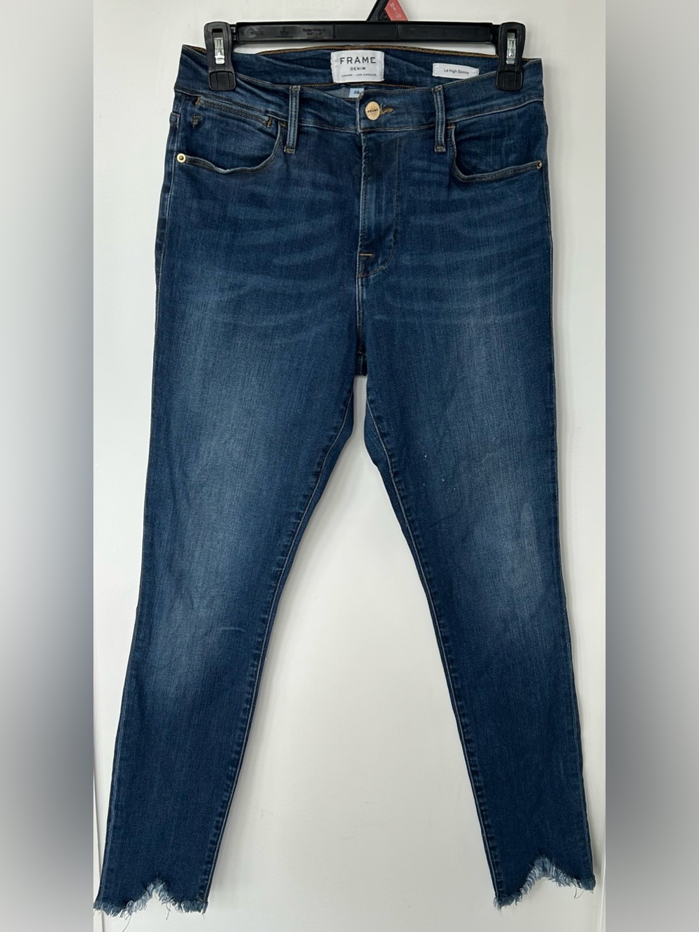 FRAME Denim Le High Skinny Jeans Dark Wash Chewed Frayed Step Hem Size 28